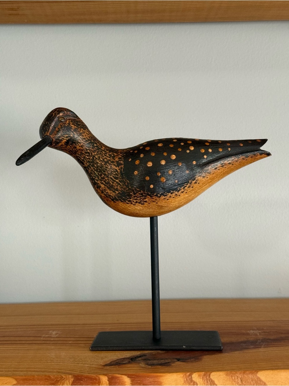 Decorative Wooden Bird Figurine in Black and Brown - Stand Included